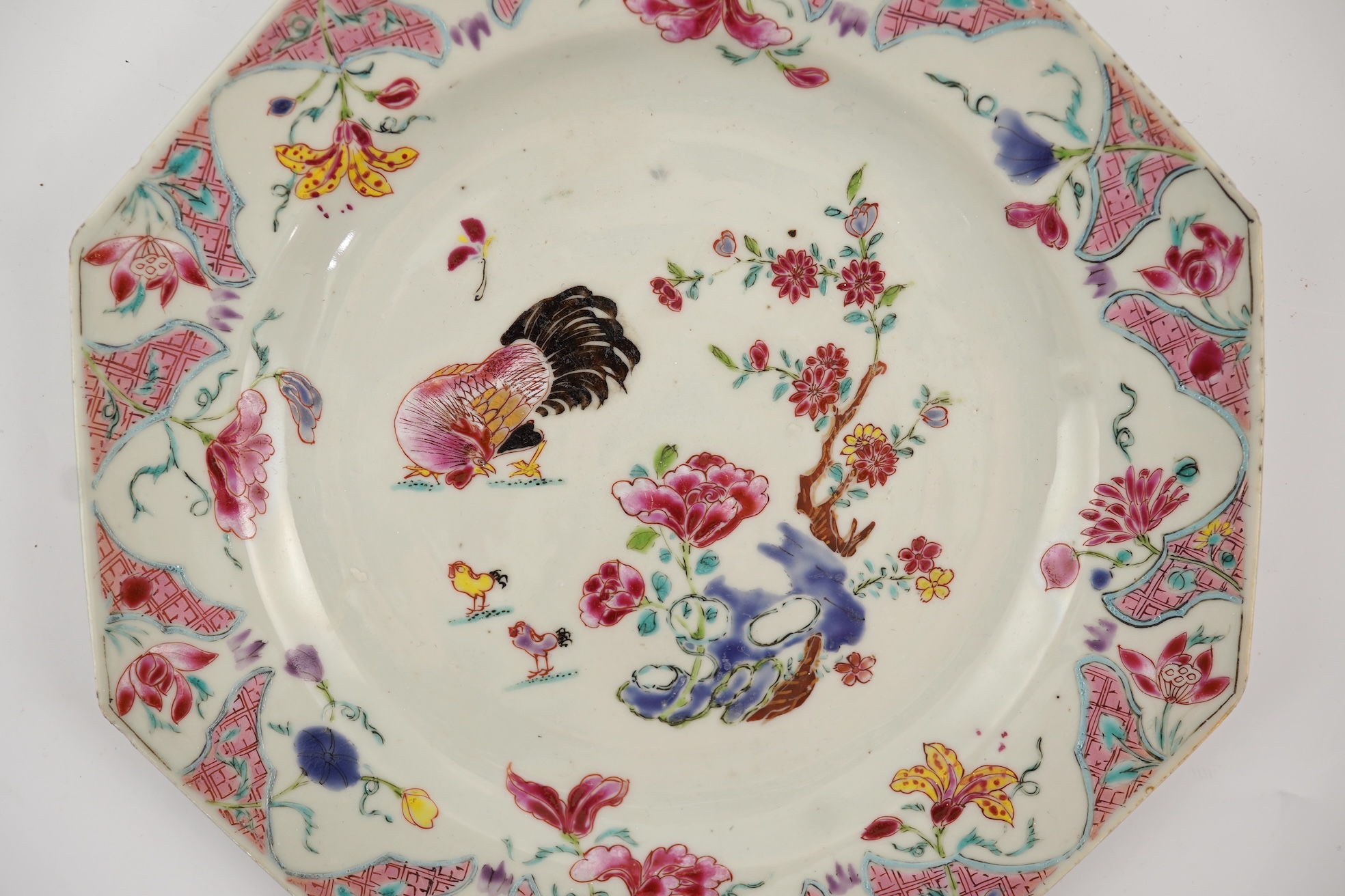 A Chinese famille rose ‘chickens’ octagonal plate, Qianlong period